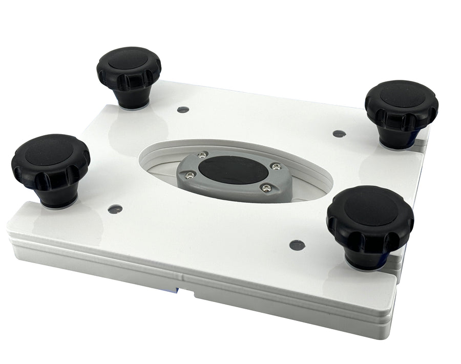 Removable marine electronic base with four black captive knobs, designed for Seaview mounts.