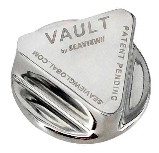 High-polished stainless steel Vault boat drain plug with ergonomic triangular cap for marine use.