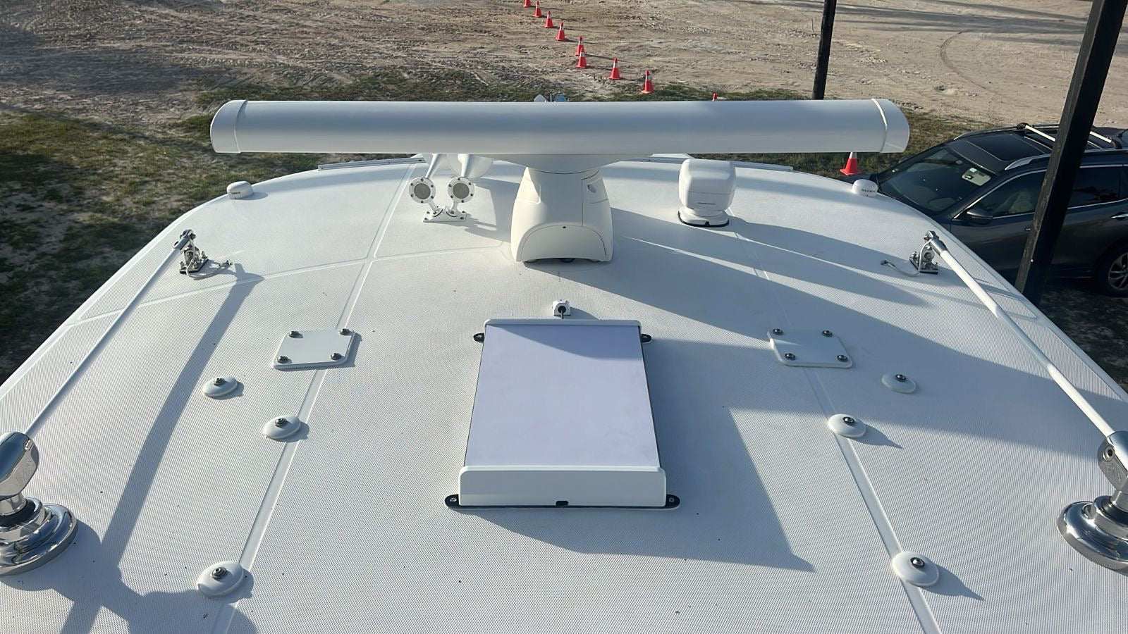 Starlink Gen 3 antenna mounted on a flat vehicle surface using Seaview APEX APXG3DMV2 for marine and outdoor use.