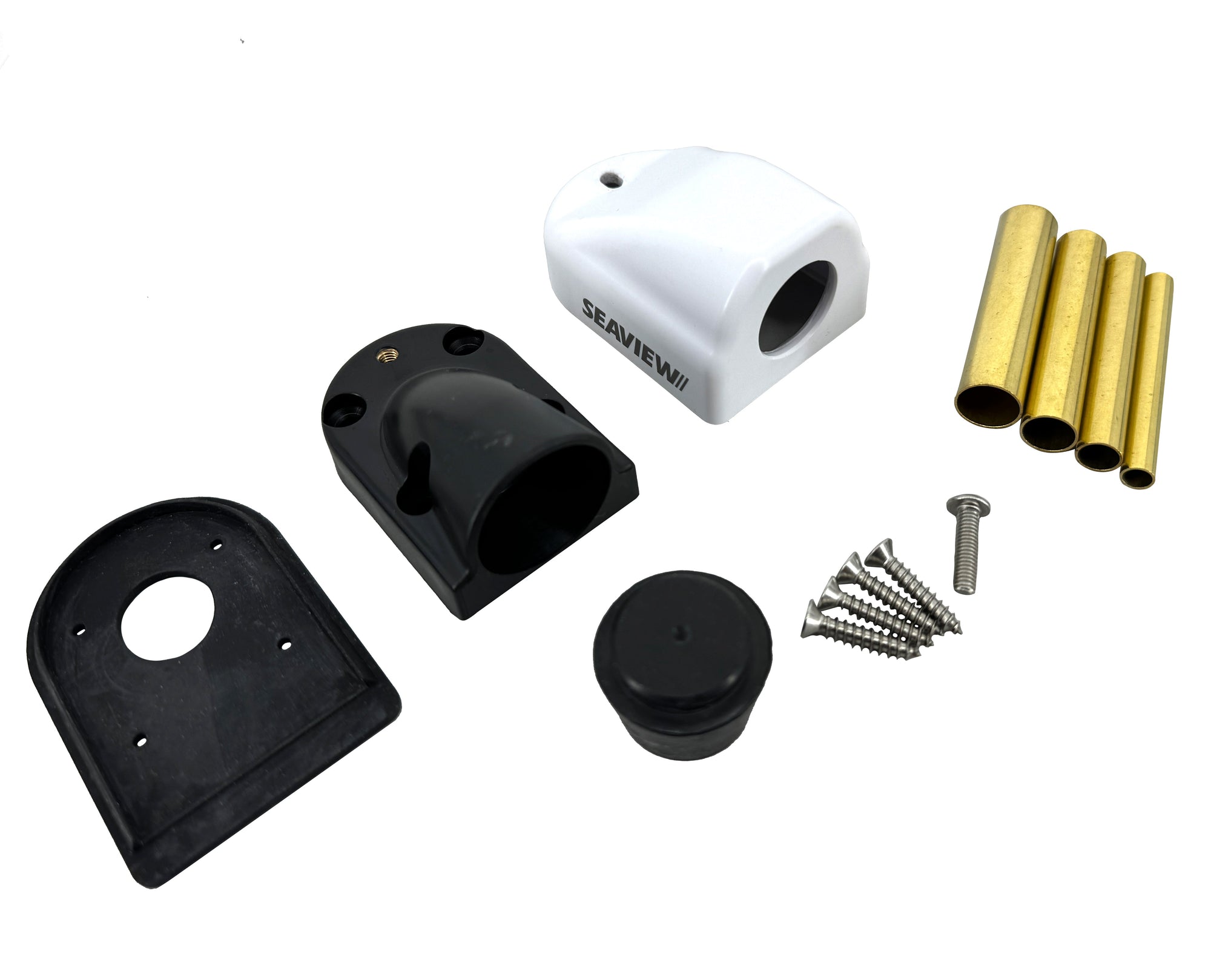 Seaview horizontal cable entry kit with plastic housing, rubber bung, and screws.
