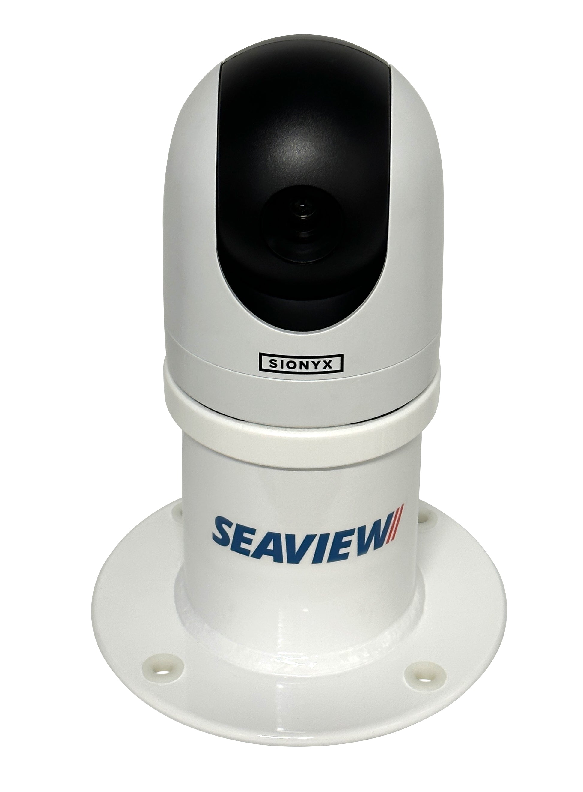 White Seaview vertical camera mount with compact base design for Sionyx Nightwave.
