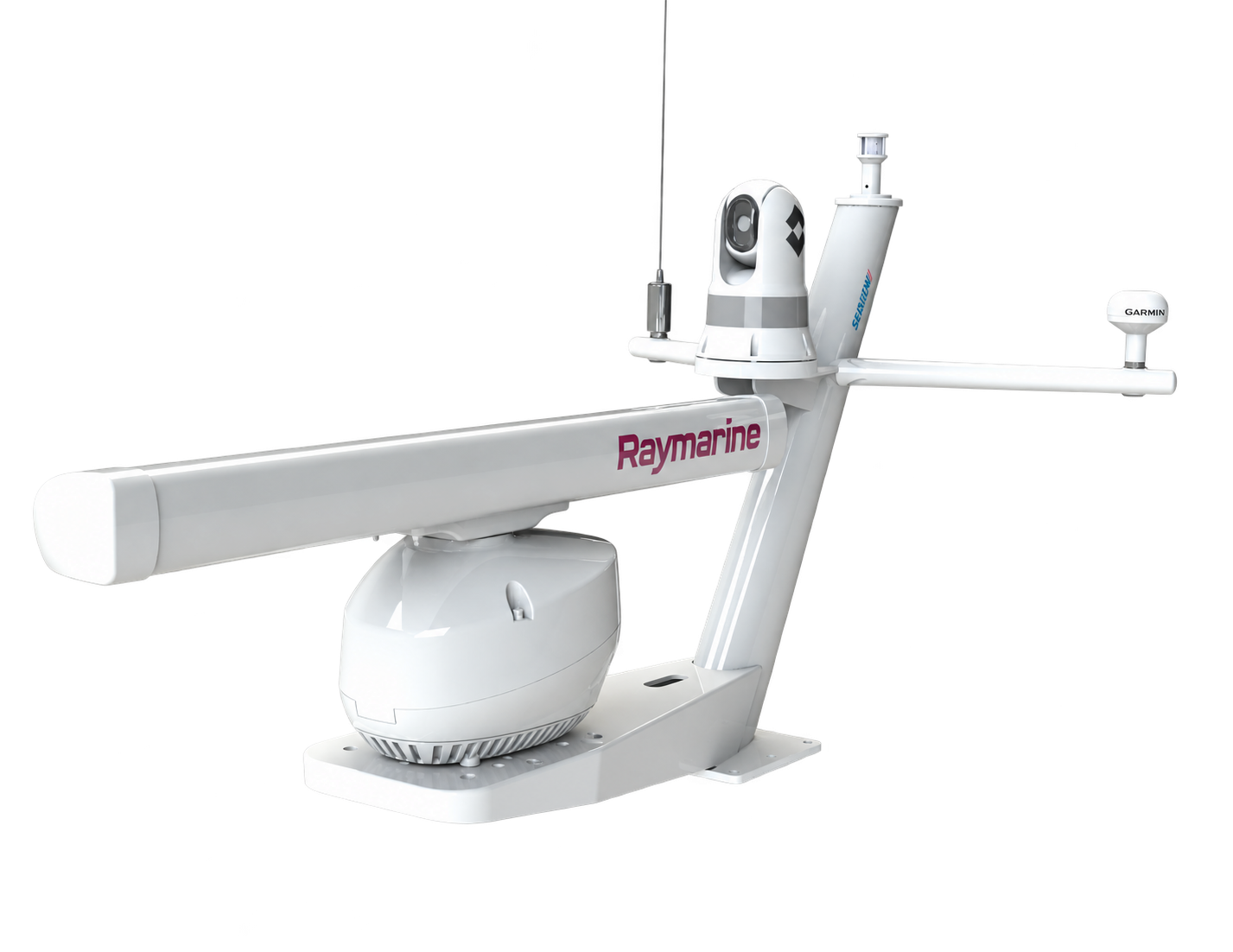 Seaview PMA200V3 tapered mast with camera/searchlight platform and optional 2-inch post and LED navigation light; example electronics not included