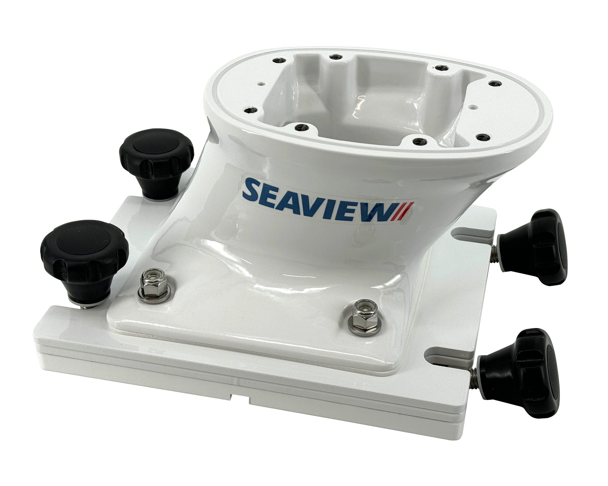 Removable Seaview boat mount with self-draining waterproof base and captive knobs.