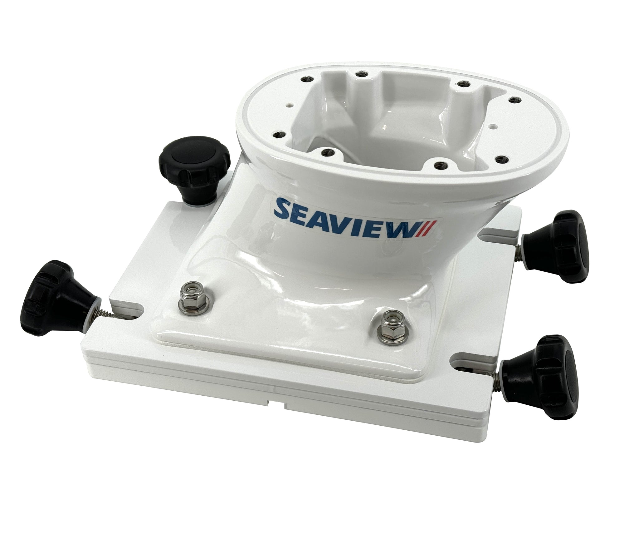Seaview removable base with black captive knobs for marine electronics.