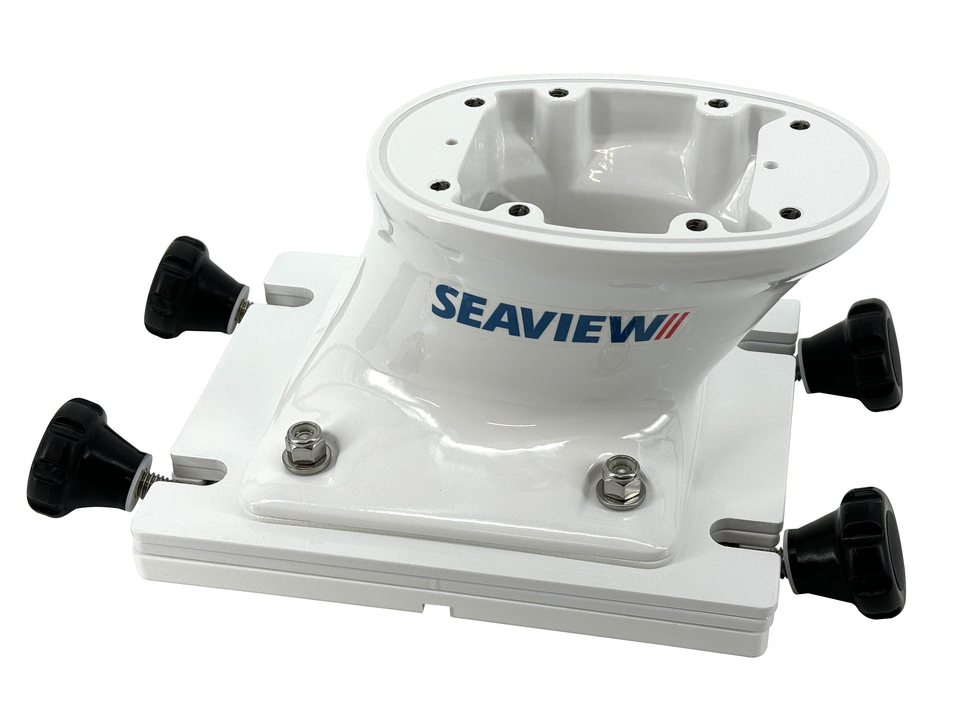 Removable base for Seaview mounts with self-draining waterproof design and captive knobs.
