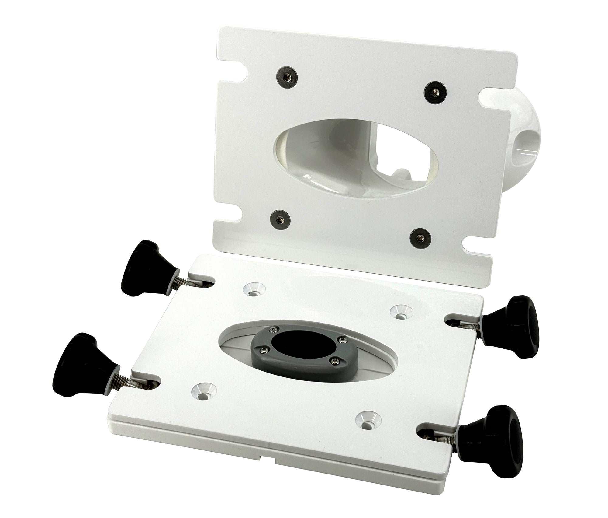 Removable base by Seaview for marine electronics with self-draining waterproof design and easy-release knobs.