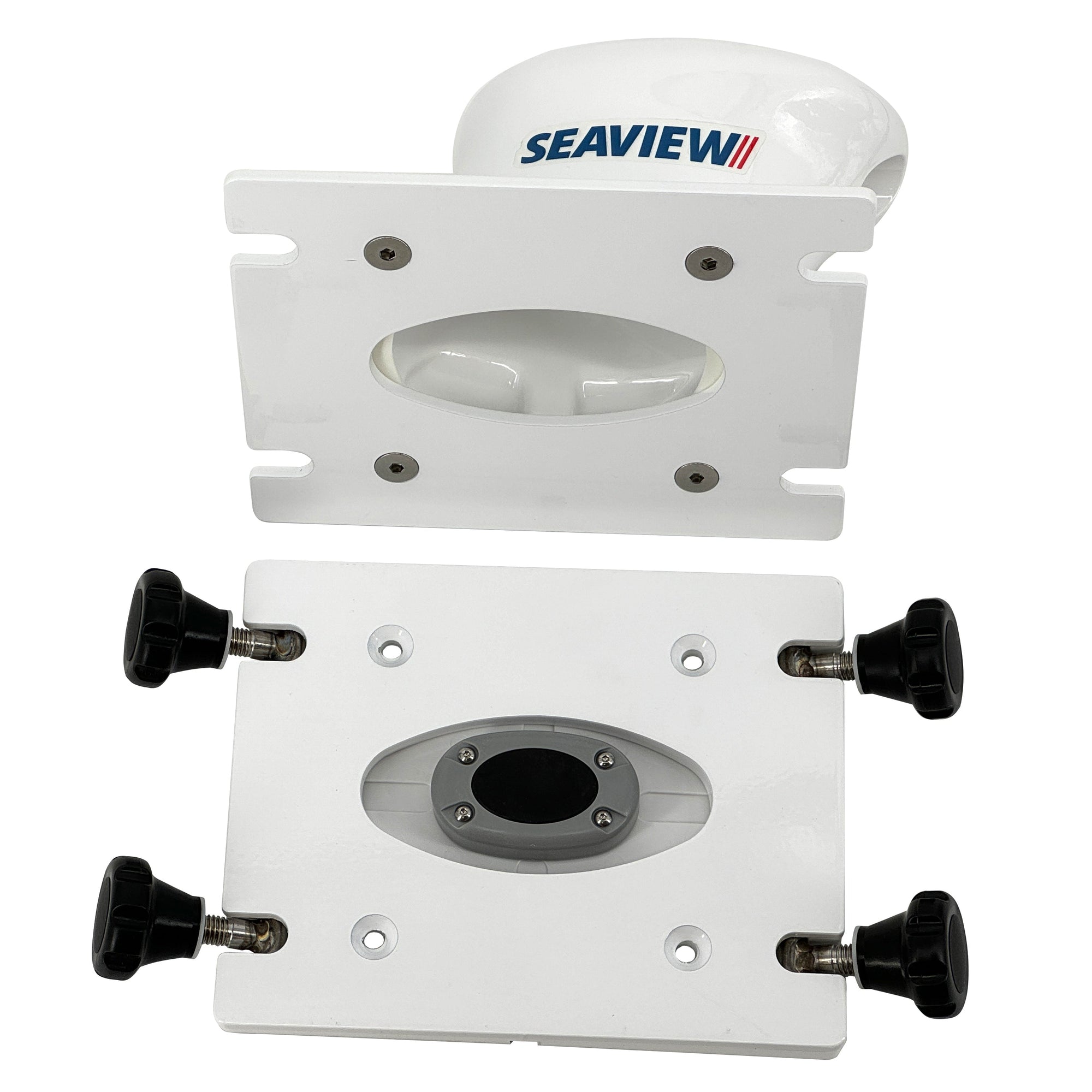 Removable Seaview base with self-draining waterproof design and captive knobs.
