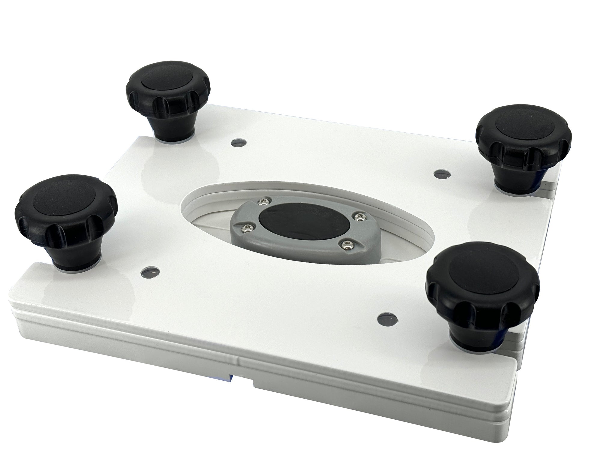 Removable marine electronic base with four black captive knobs, designed for Seaview mounts.