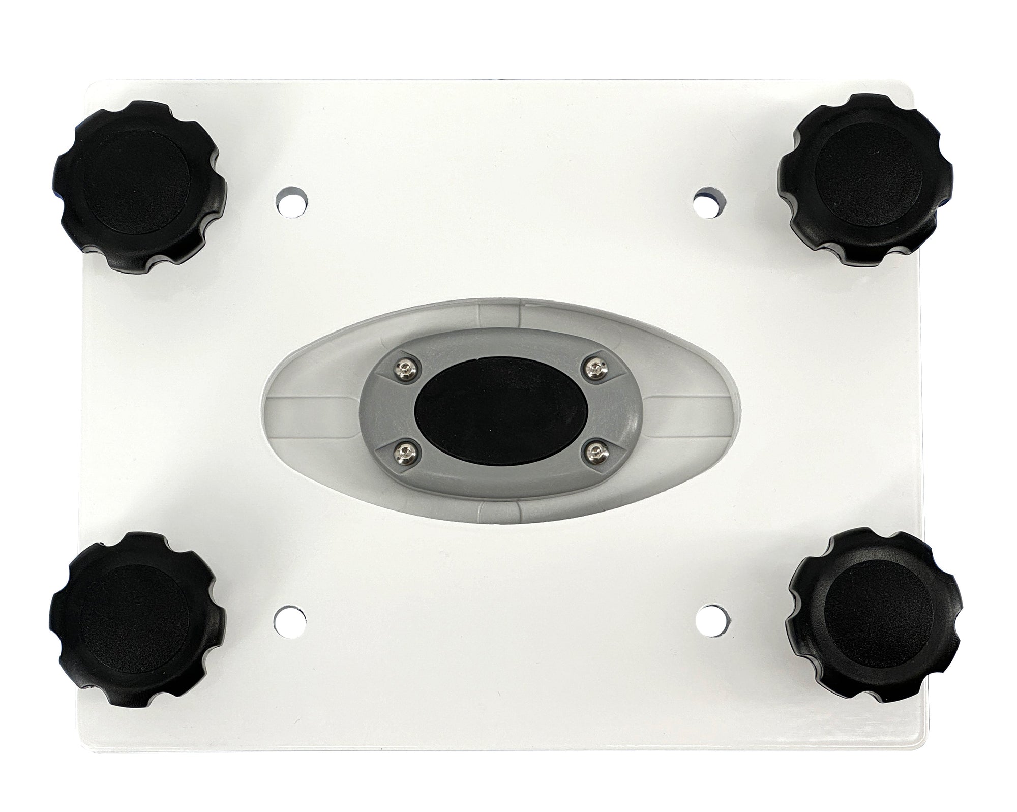 Removable base with four black knobs for Seaview mounts, self-draining white waterproof design.