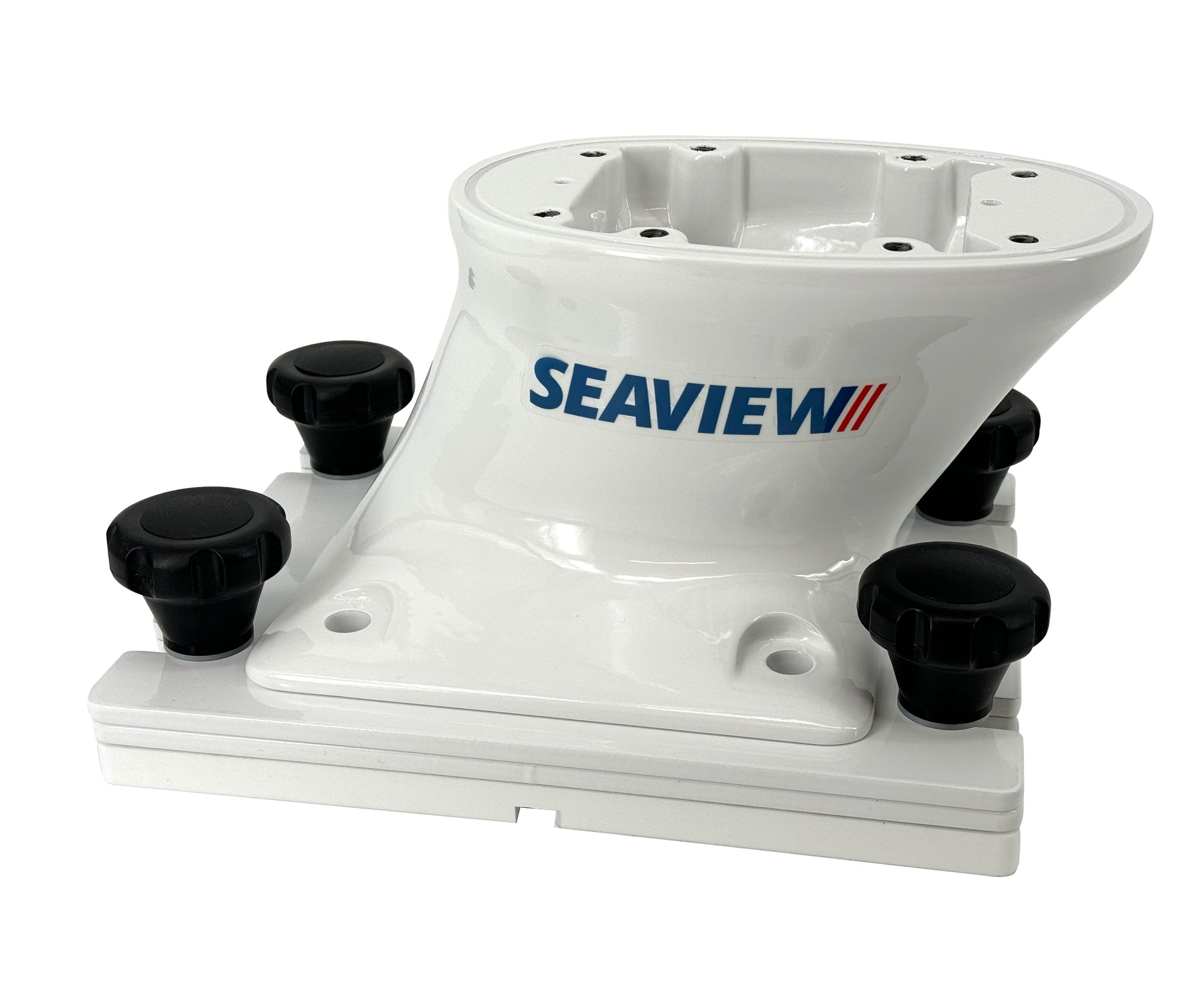 Seaview removable base with self-draining waterproof design and four black captive knobs for quick release.