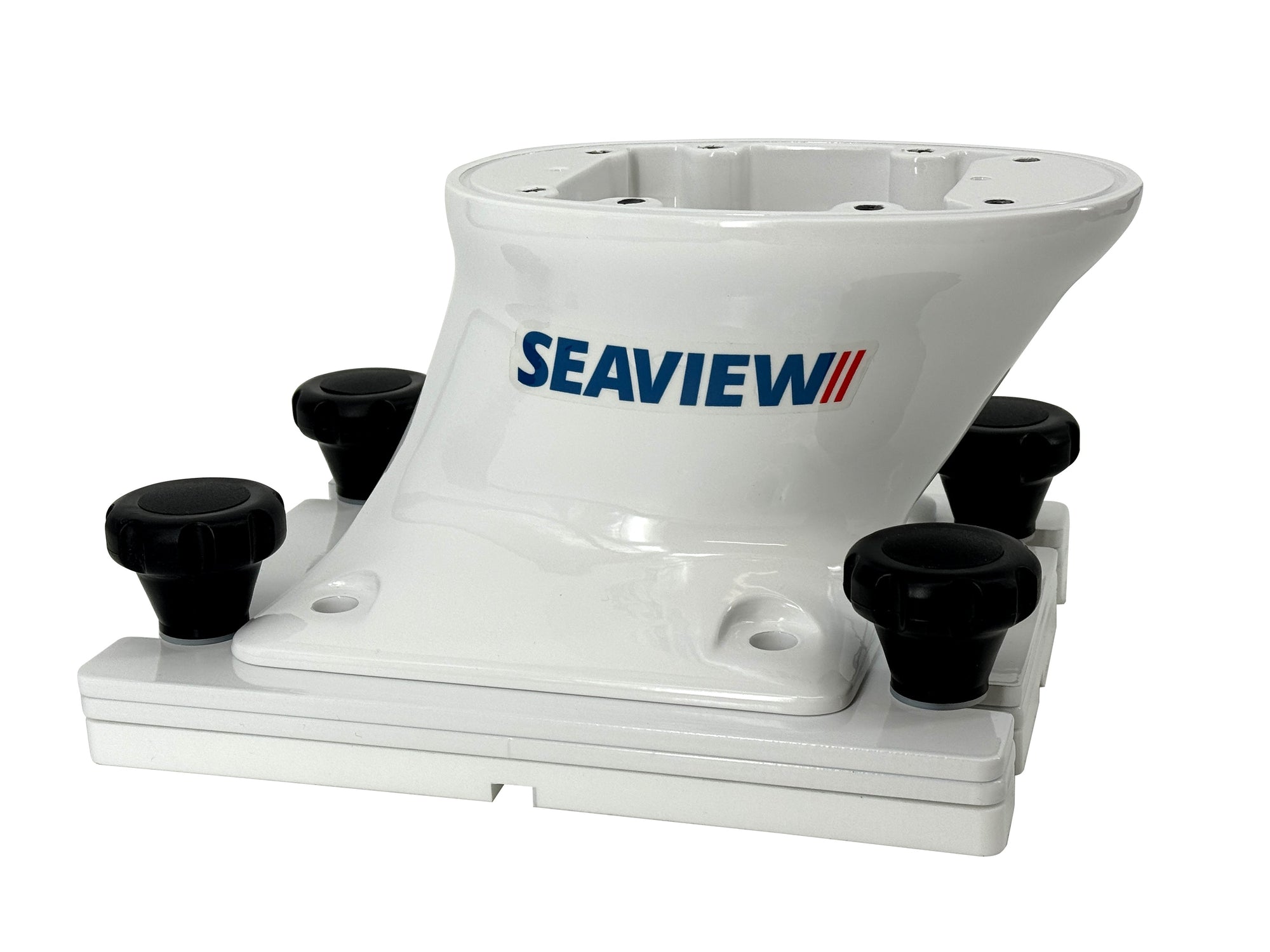 Removable marine mount with self-draining waterproof base for Seaview, white version with four black captive knobs.