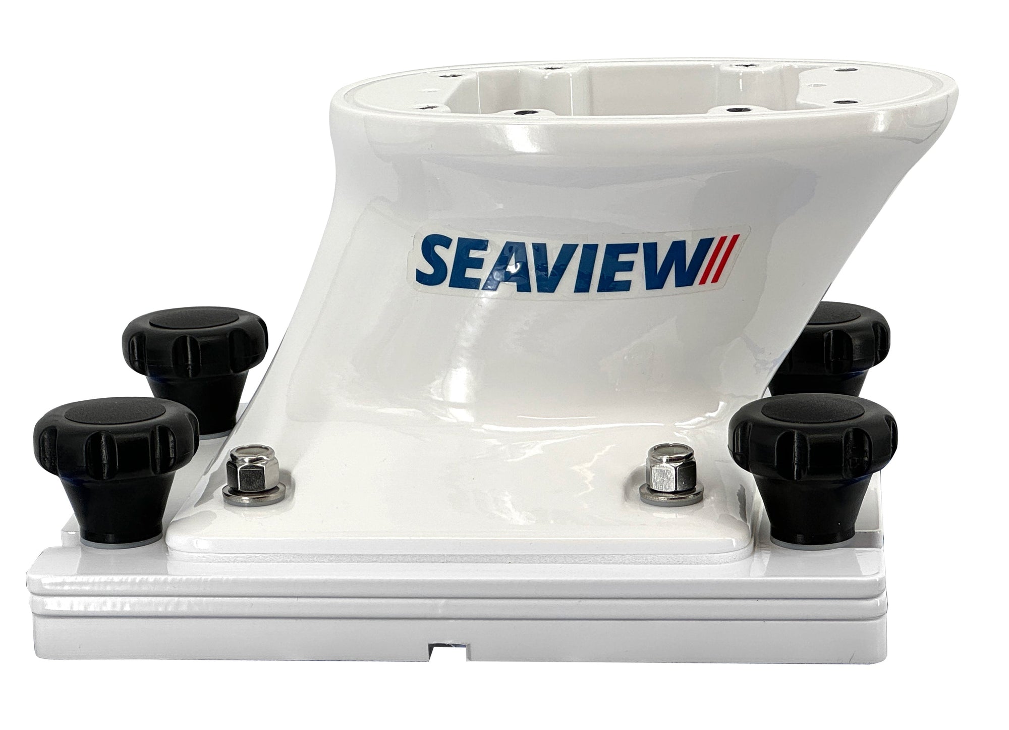 Removable base with self-draining waterproof design for Seaview mounts, featuring four captive knobs for easy marine electronics installation and removal.