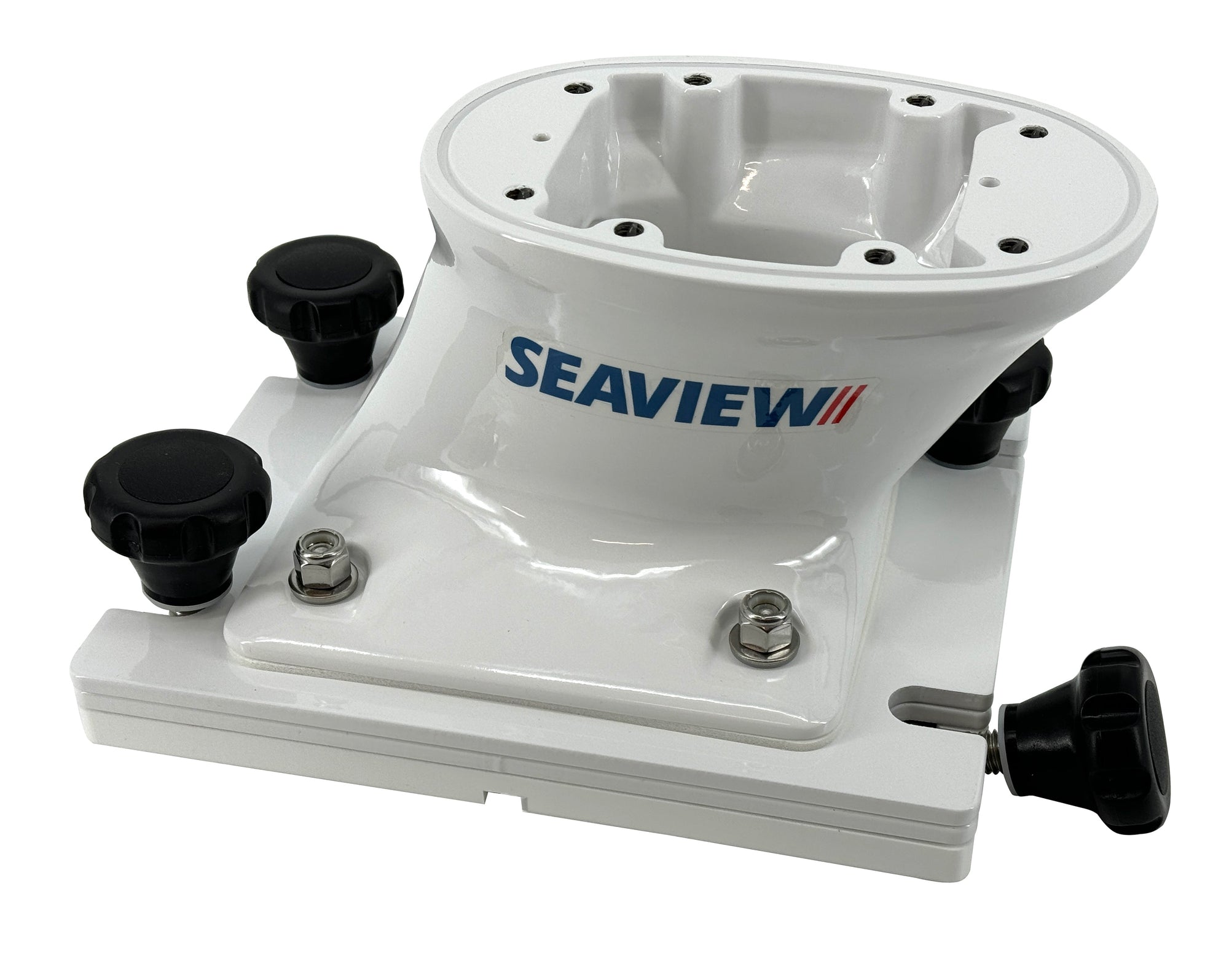 Removable waterproof base for Seaview mounts with 7x7 or 10x10 plate, featuring four black captive knobs.