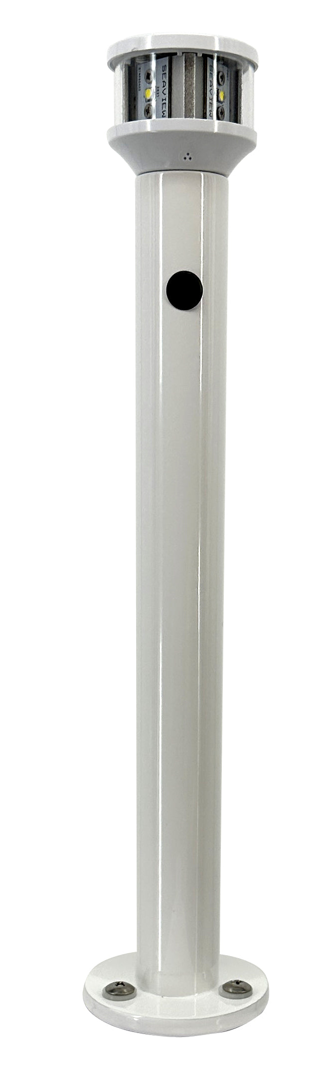 Fixed light post with powder coated aluminum build and round base plate.