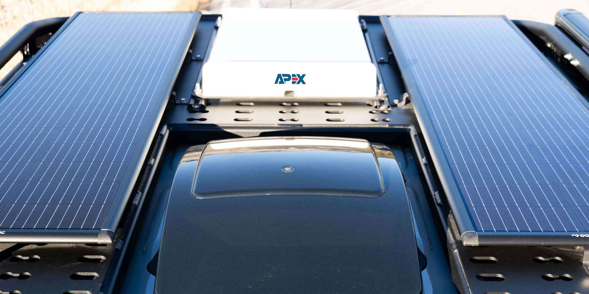 APEX Starlink antenna mount installed between roof-mounted solar panels