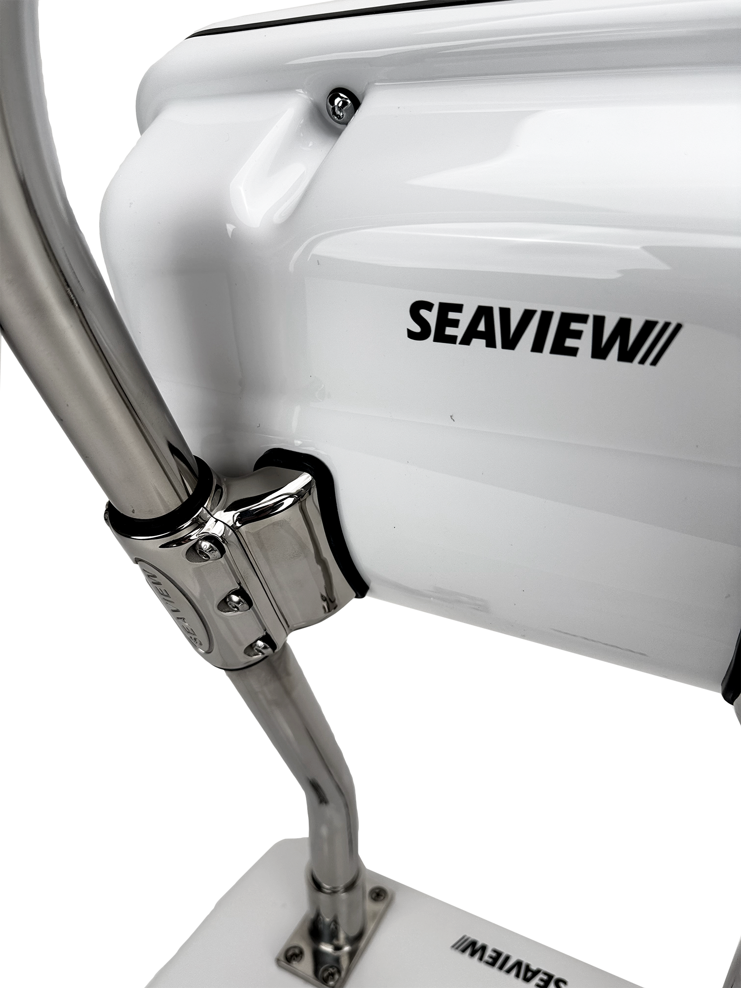 NavPod SailPod flush-mount marine electronics pod with stainless steel clamps and double gasket sealing.
