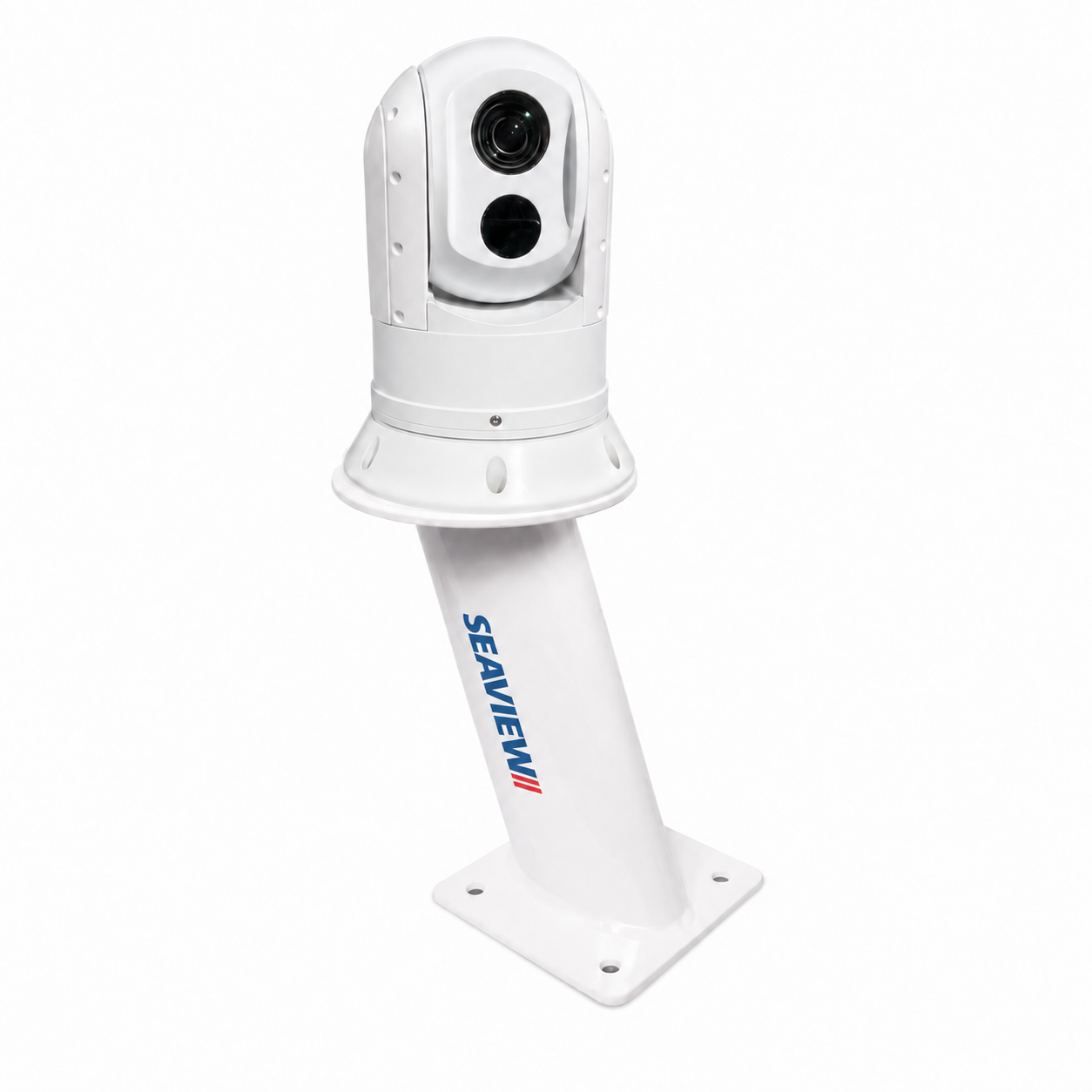 Iris ATOM camera shown on Seaview PMA12FMH7 12-inch aft-leaning mount with current Seaview logo; camera not included.