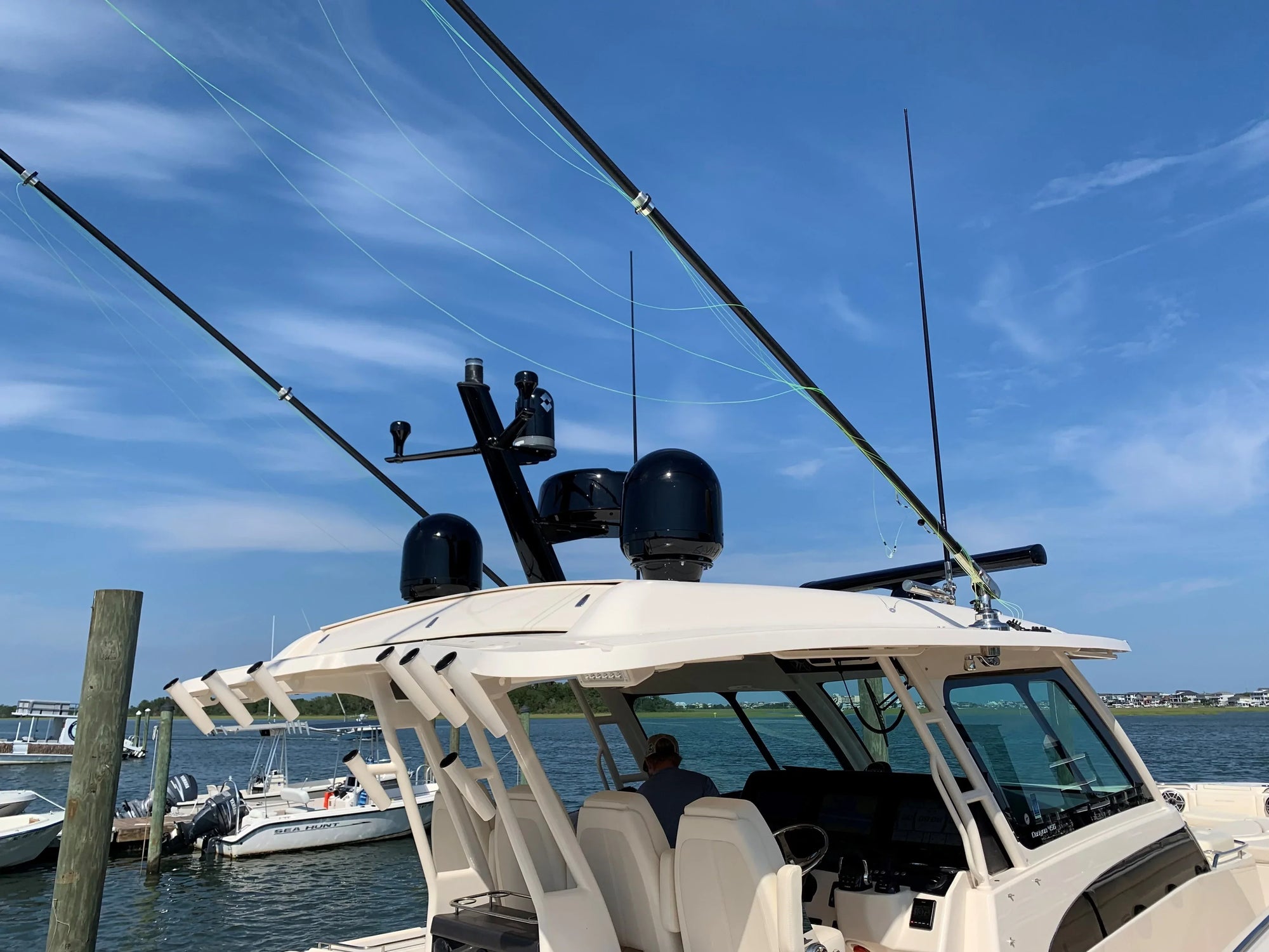 Grady-White boat with Seaview marine electronics mount in a marina.