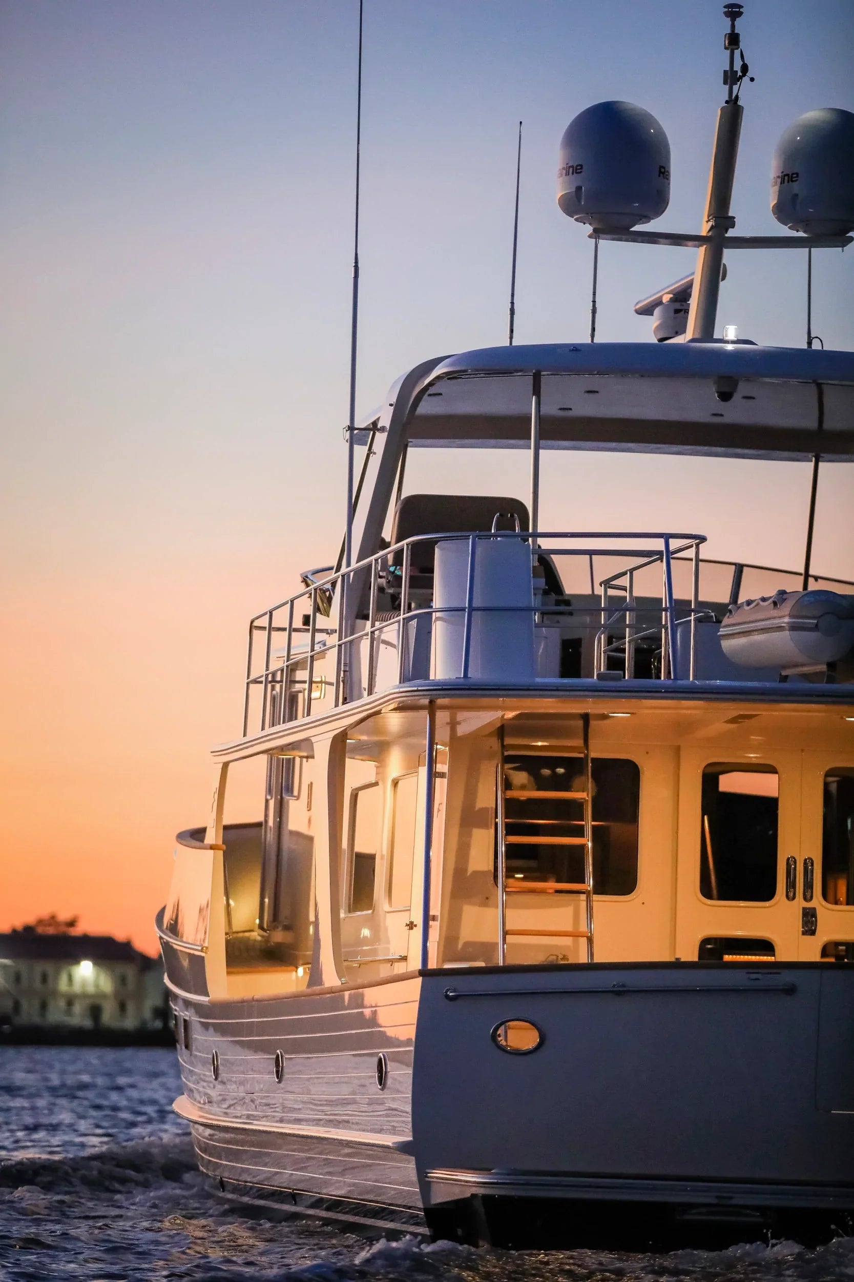 Seaview Custom Mount Model #72 installed on a Fleming 65 yacht at sunset.