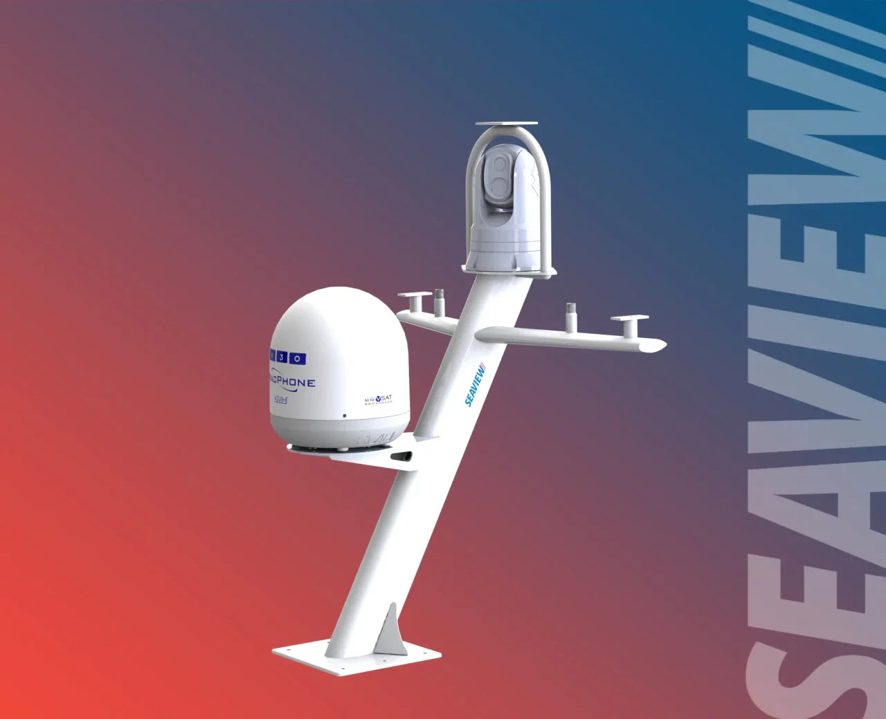 Seaview Model #82 tapered mast with KVH V30 and FLIR M332.