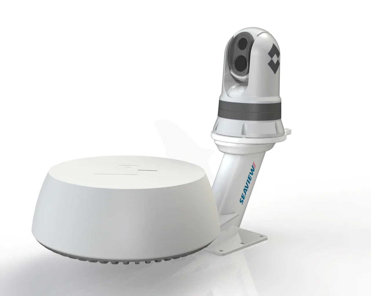 Seaview Modular Dual Mount for marine electronics, radar mount with oval hollow mast, with FLIR M300 series camera.