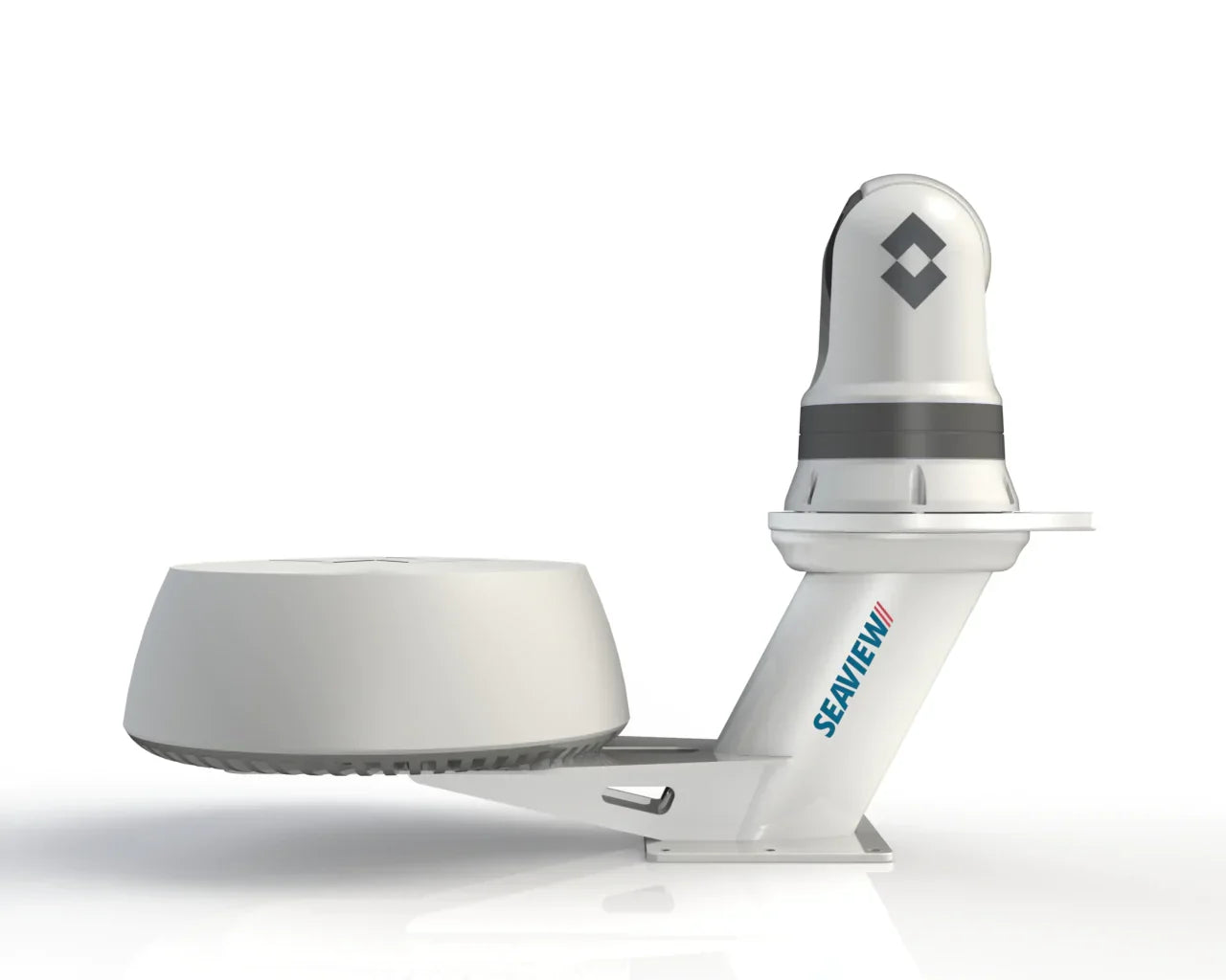 Seaview Modular Dual Mount for marine electronics with pre-drilled base for closed dome radars, FLIR mounted on top plate.
