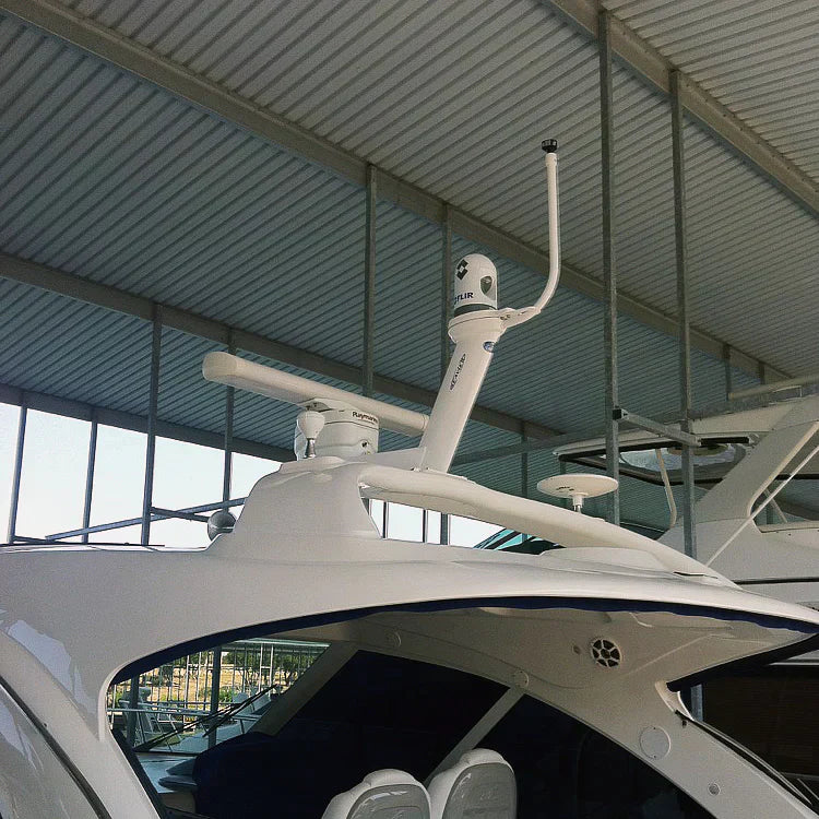 Seaview modular dual mounts installed on a boat for marine electronics, with radar and cable management features.