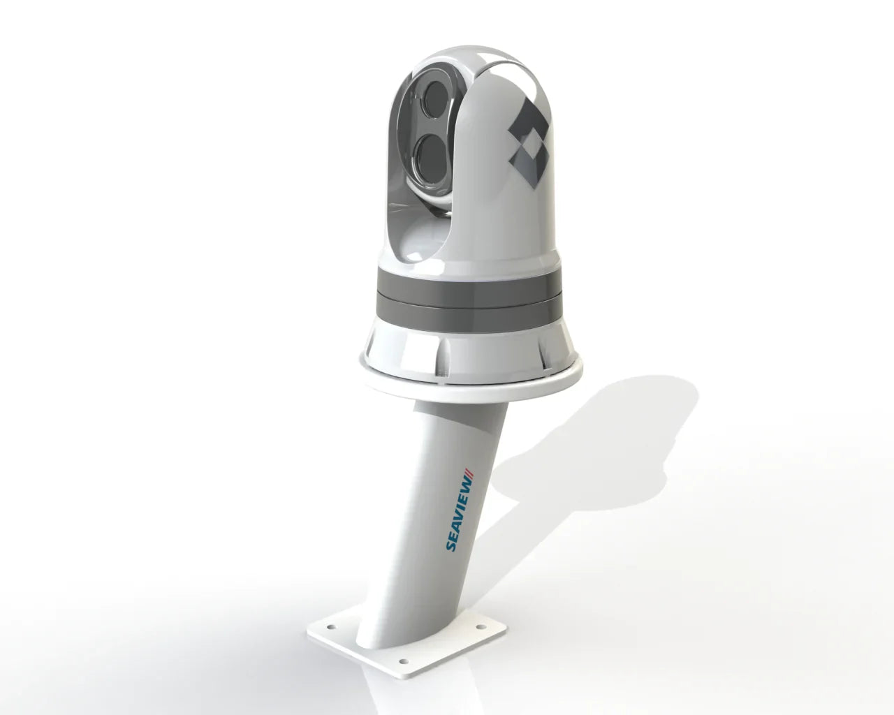 Seaview aft leaning mount for thermal cameras, durable white design, space-saving base.