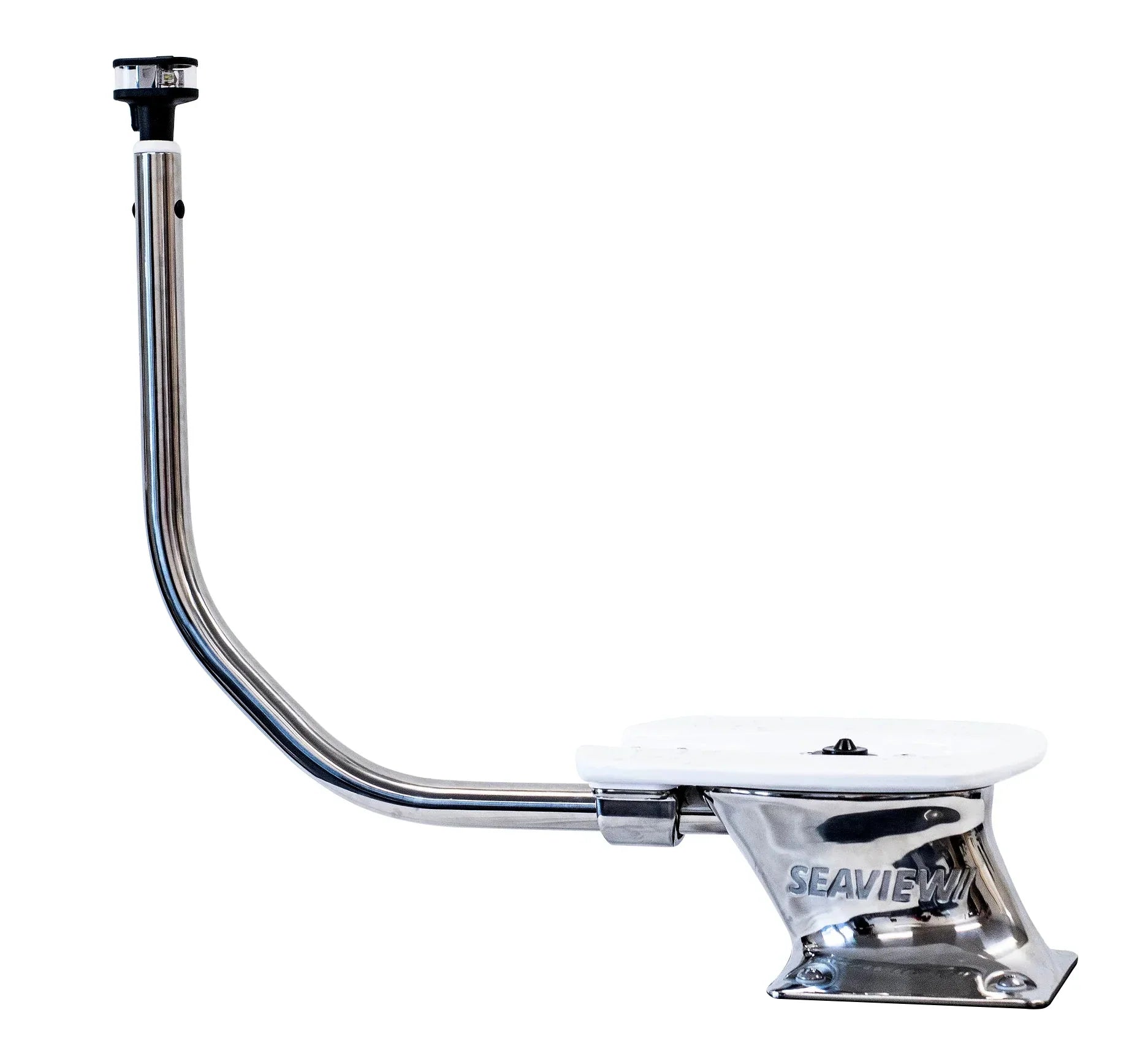 Stainless steel radar mount and light bar with aft-leaning design and compact base.