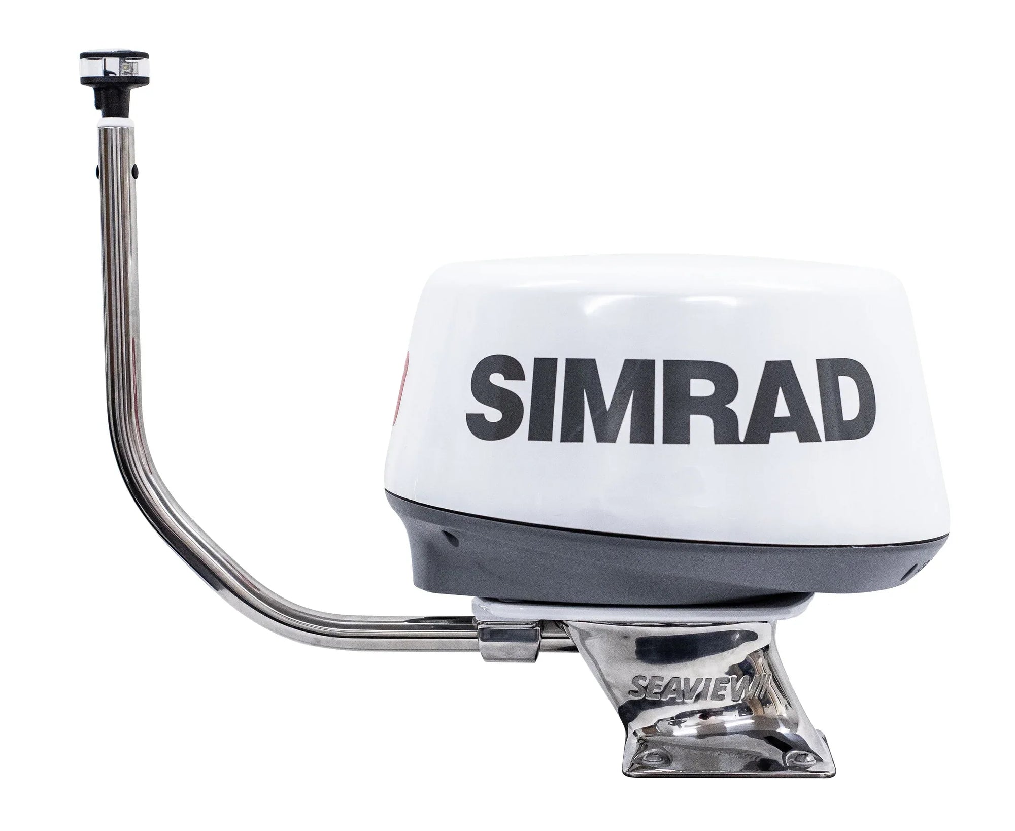 Stainless steel radar mount with Simrad branding, featuring a compact design and aft leaning structure.
