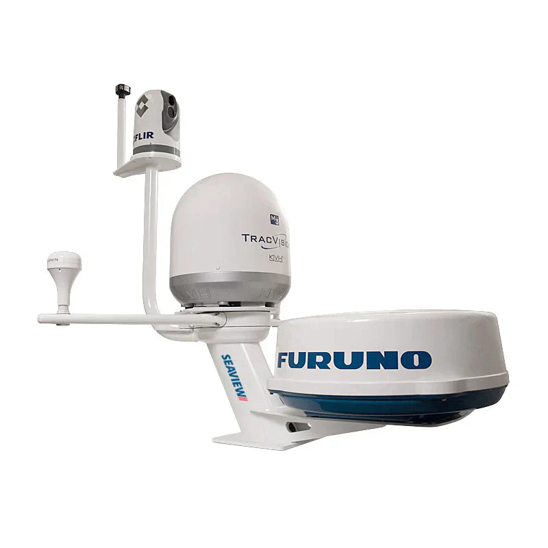 Modular Seaview dual mount with Furuno radar, KVH dome, and FLIR camera, with spreaders and a light