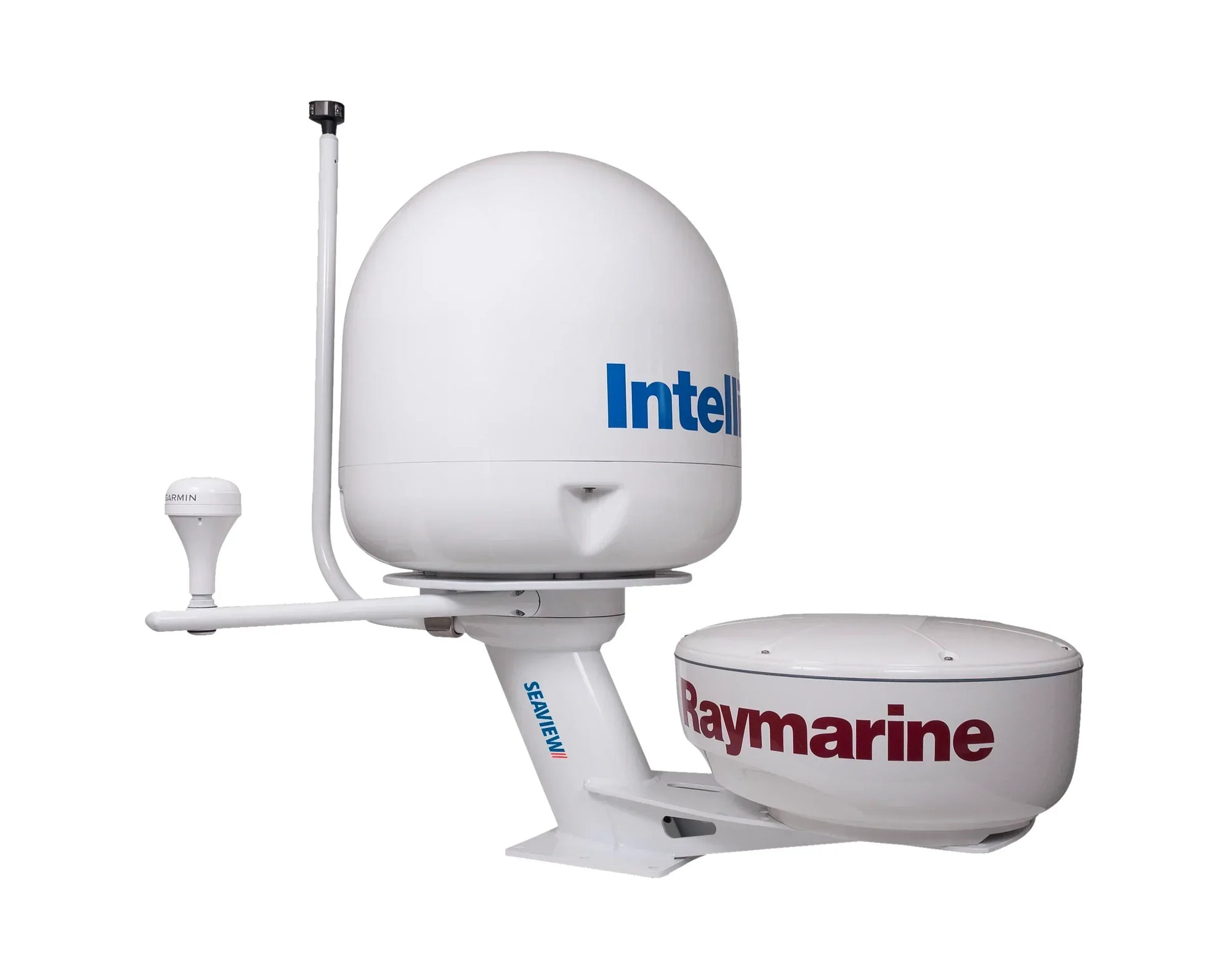 Seaview modular dual mount with Raymarine radar, Intellian dome, spreaders and a light bar