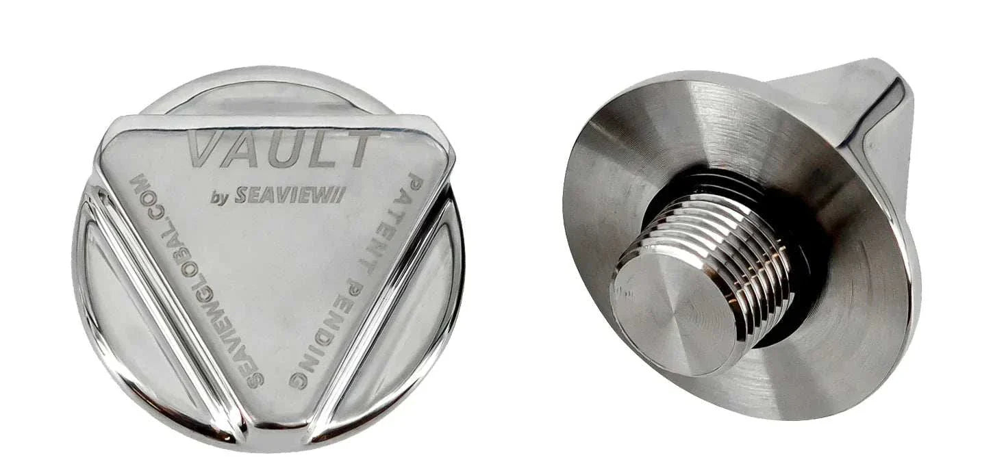High-polished stainless steel Vault boat drain plug with ergonomic cap, designed for 1/2 NPT brass or stainless transom garboards.