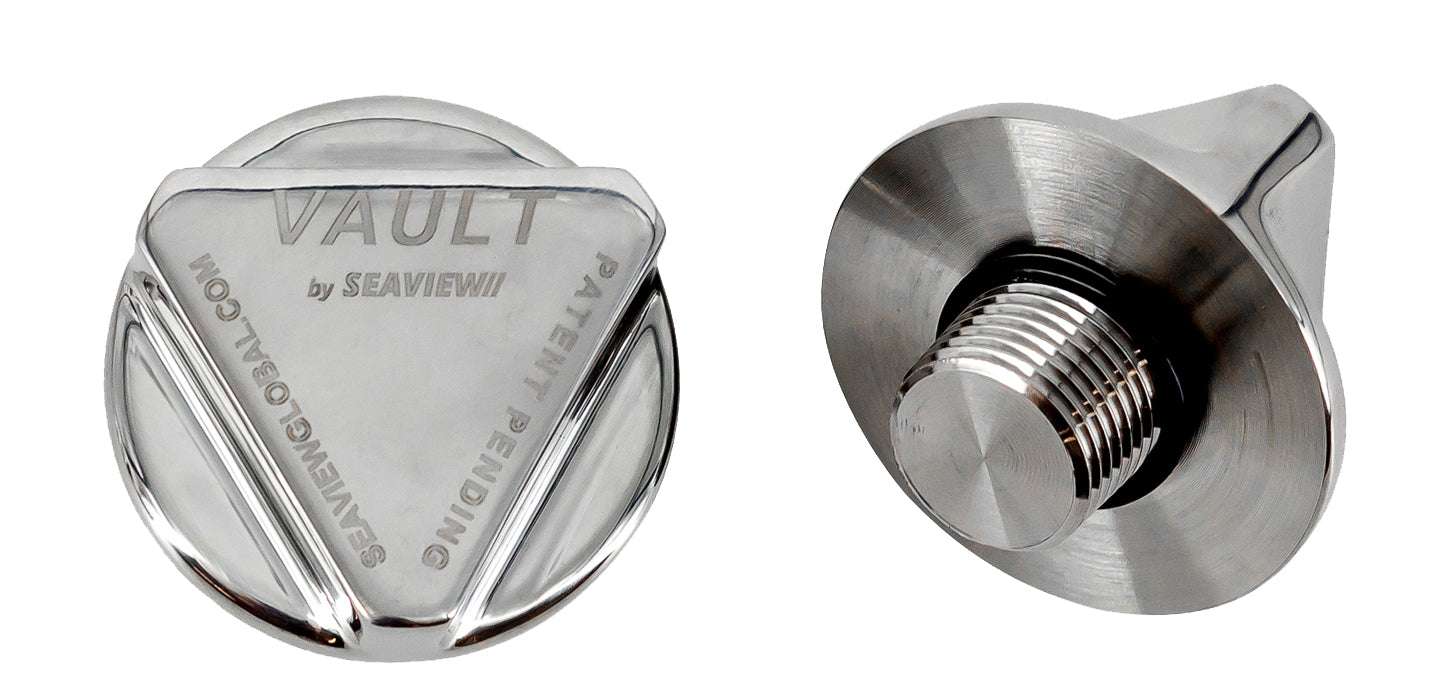 Vault Pro Boat Drain Plug S.S. with gasket and garboard, ergonomic cap for tool-free operation, fits 1/2 NPT transom.