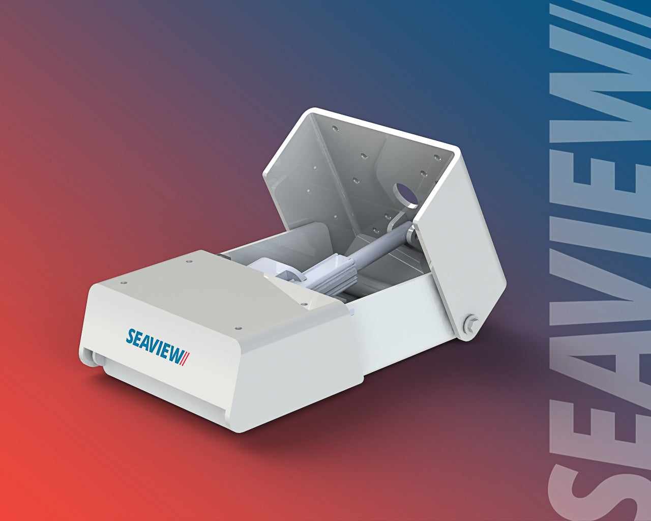 Seaview electrically actuated hinge base on gradient background.