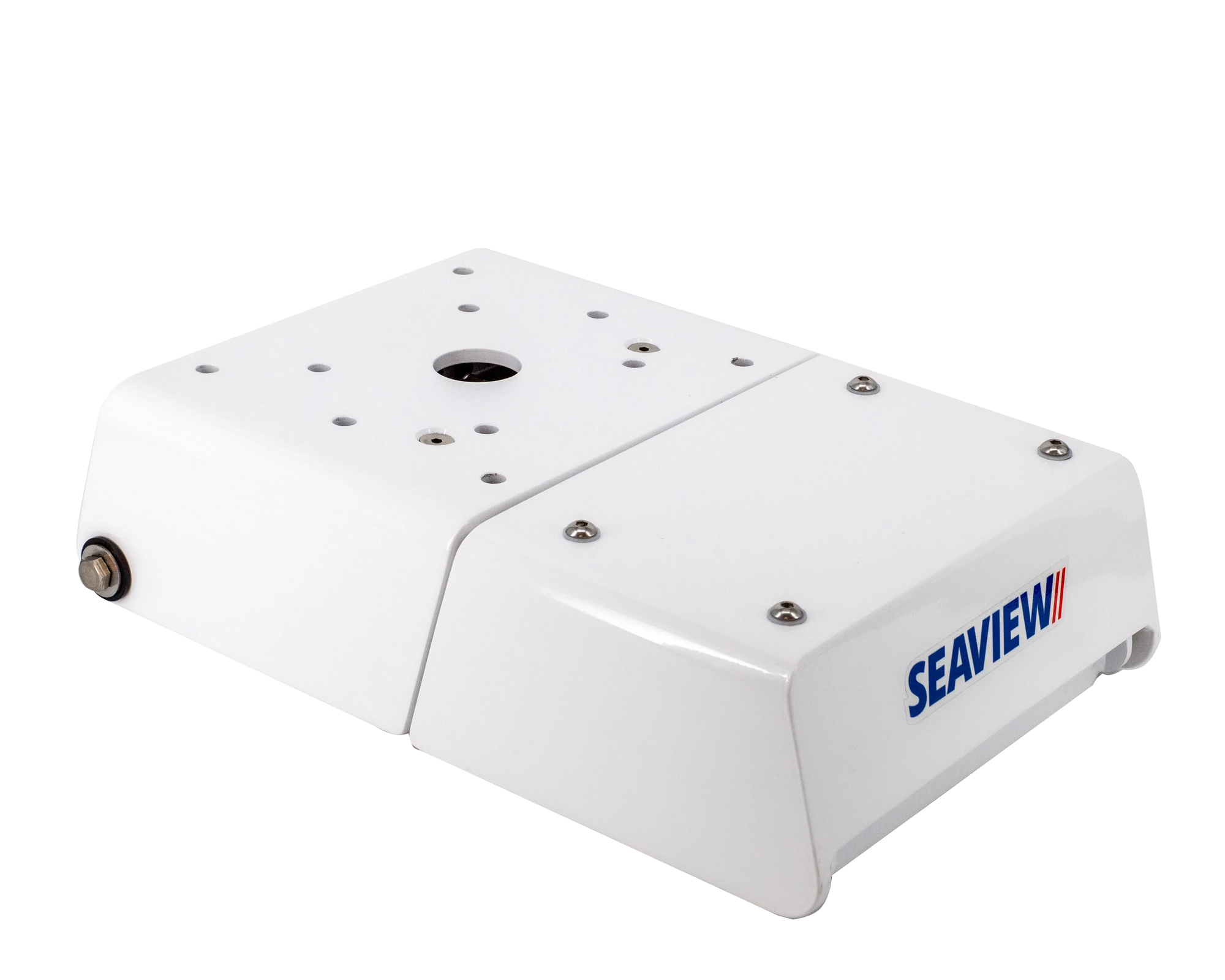 Seaview electrically actuated hinge base, white with Seaview logo.