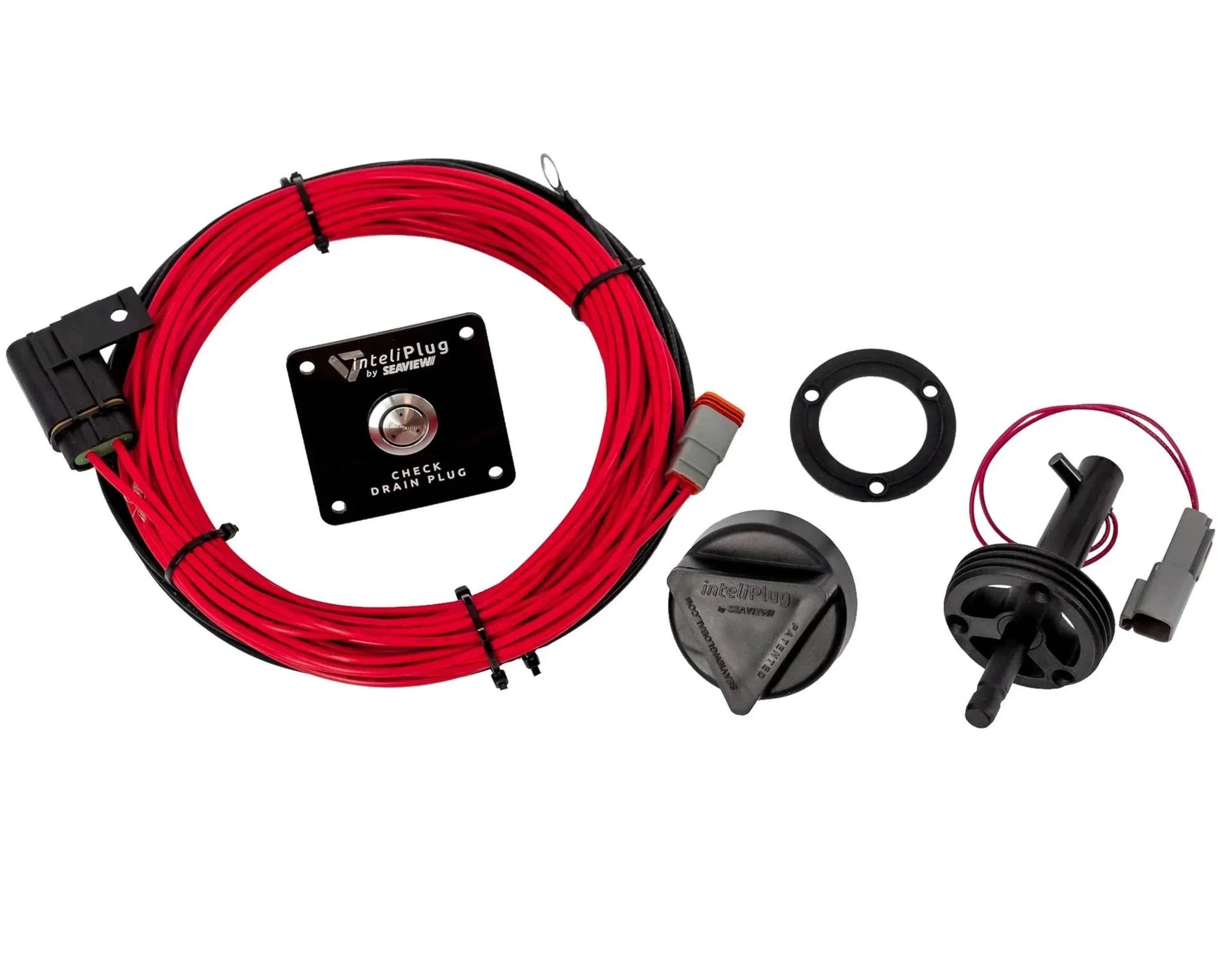 inteliPlug ProXT Boat Drain Plug with sensor, alarm wire harness, and ergonomic cap for marine use.