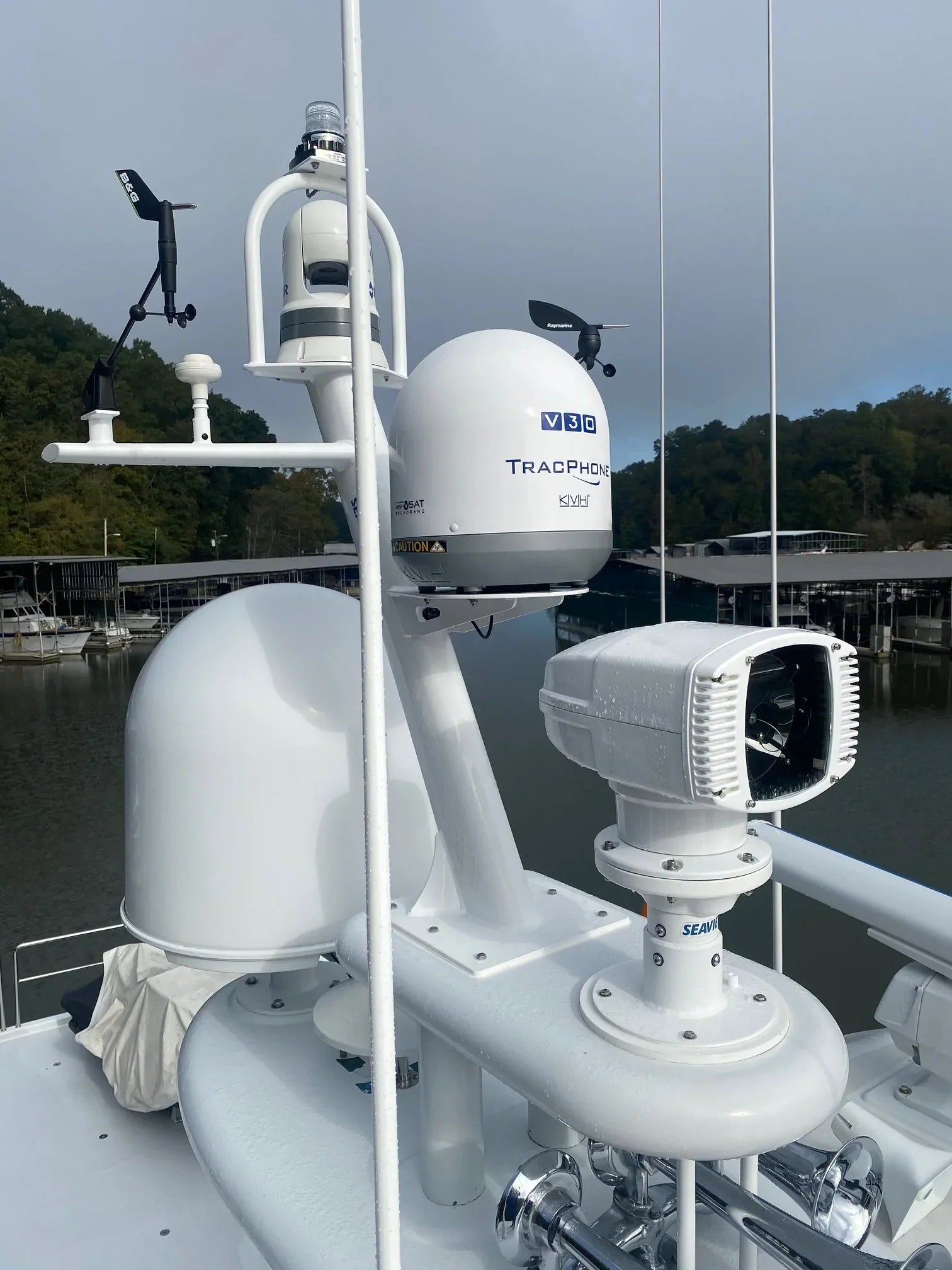 Seaview custom Model #82 mast with KVH V30, FLIR M332, wind sensors, GPS, and nav light.